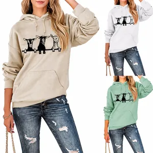 Women Loose Fit Hoodie Cotton Polyester Long Sleeve Drawstring Hood Kangaroo Pocket Cartoon Goat Print Sweatshirt