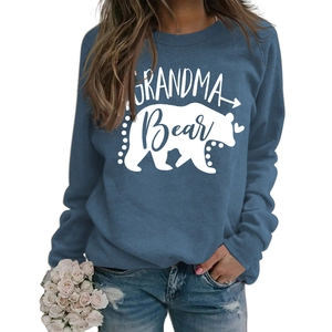 Women's crewneck long sleeve sweatshirt in dusty blue featuring Grandma Bear print