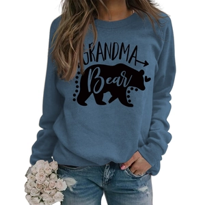 Detail of Grandma Bear letter print and black bear silhouette on navy long sleeve sweatshirt