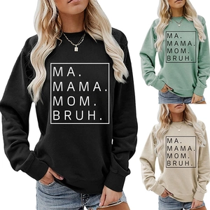 Three crewneck sweatshirts in black, sage green, and beige featuring MA MAMA MOM BRUH print