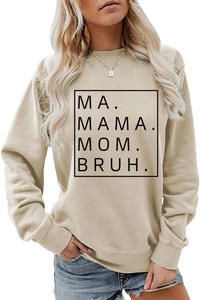 Detail of MA MAMA MOM BRUH letter print on beige crewneck long sleeve sweatshirt