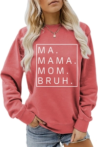 Close-up of MA MAMA MOM BRUH letter print on dusty rose oversized cotton sweatshirt
