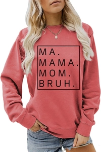 Detail of coral pink crewneck sweatshirt with MA MAMA MOM BRUH print in soft cotton