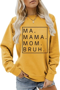 Detail of ginger yellow crewneck sweatshirt featuring MA MAMA MOM BRUH letter print