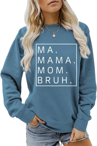 Detail of navy blue crewneck sweatshirt with white MA MAMA MOM BRUH square graphic print