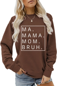 Detail of MA MAMA MOM BRUH typography print on a dark chocolate crewneck sweatshirt