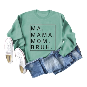 Mint green MA MAMA MOM BRUH sweatshirt paired with denim jeans on white background