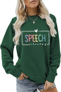 Detail shot of Speech therapy letter print on dark green crewneck sweatshirt fabric