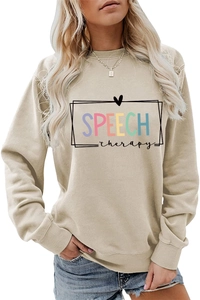 Detail of the colorful Speech Therapy letter print on a beige crewneck sweatshirt