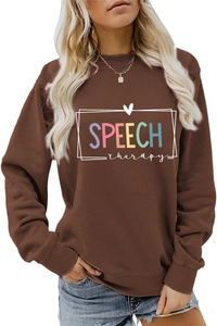 Detail of Speech Therapy colorful letter print on a brown long-sleeve crewneck sweatshirt