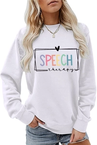 Detail of colorful Speech Therapy lettering and heart print on a white sweatshirt