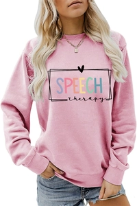 Close-up of pink Speech Therapy sweatshirt showing ribbed crewneck and drop shoulder detail