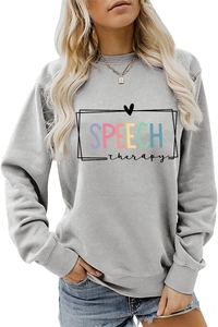 Detail of grey crewneck sweatshirt with Speech Therapy print and soft cotton fabric