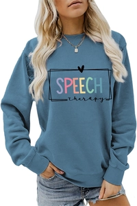 Detail of blue Speech Therapy sweatshirt featuring ribbed cuffs and colorful letter print