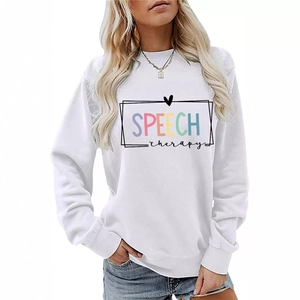 Women's white crewneck long sleeve sweatshirt with colorful SPEECH therapy print