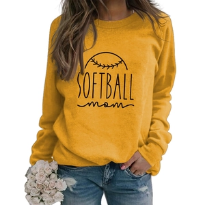 Sweat jaune à col rond pour femme avec imprimé Softball Mom et manches longues décontracté