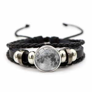 Multilayer leather bracelet with moon planet glass gem and punk braided beads design