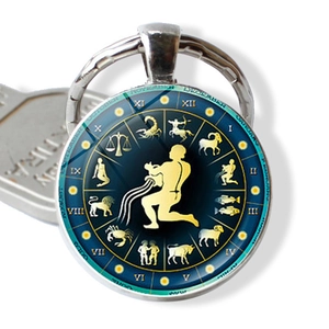 Macro shot of Aquarius zodiac glass keychain with monthly names and Roman numeral markings