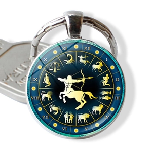 Creative glass Sagittarius zodiac keychain with silver ring and deep blue star pattern