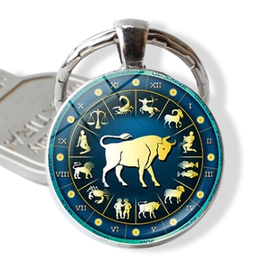 Twelve constellations Taurus glass keychain with gold bull pattern and month symbols