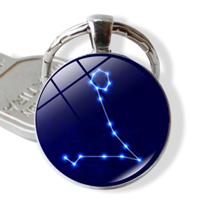 Detailed close-up of Pisces zodiac glass gem keychain with silver alloy ring