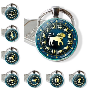 12 Constellations Zinc Alloy Glass Time Gem Keychain Vintage Starry Sky Zodiac Key Ring For Birthday Gift Unisex Jewelry