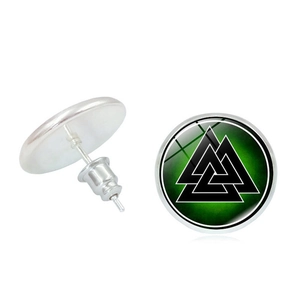 Boucles d'oreilles Valknut viking nordique avec dôme en verre vert et base argentée