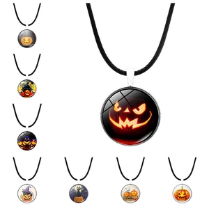 Halloween Pendant Necklace Glass Cabochon Zinc Alloy Black Cord Jack-O-Lantern Pumpkin Black Cat Gothic Jewelry Unisex