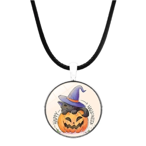 Detail of Halloween pendant with black cat in a pumpkin and Happy Halloween text