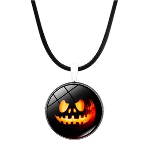 Detail of Halloween pumpkin glass pendant with leather cord and silver alloy clasp