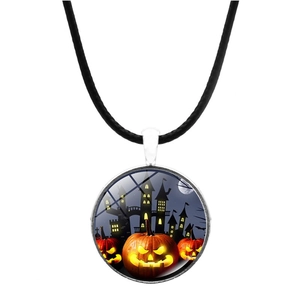 Halloween necklace with glass pumpkin pendant and black wax rope on white background