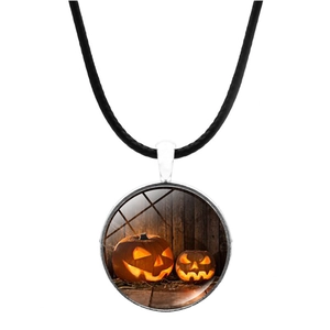 Halloween necklace with glowing double jack-o'-lantern pendant on black cord