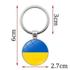 Detail showing dimensions of blue and yellow Ukraine flag pendant keychain in alloy