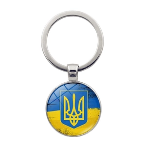 Ukraine flag keychain with trident coat of arms in round silver metal glass pendant
