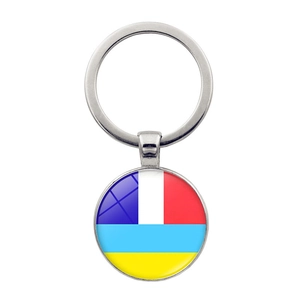 Ukraine and France flag metal keychain with protective convex glass dome and ring