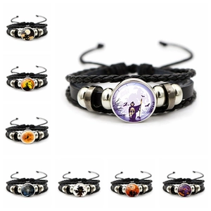 Halloween Meerlaags Gevlochten Leren Armband Legering Kralen Glas Edelsteen Pompoen Geest Heks Schedel Patronen Voor Mannen Vrouwen Sieraden