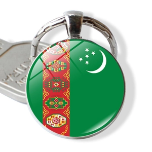 Detailed close-up of a round Turkmenistan flag glass keychain with silver metal ring