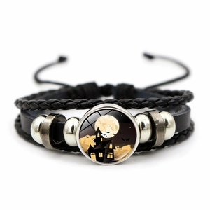 Halloween meerlagige leren armband met glazen koepel donker kasteel en maan charme