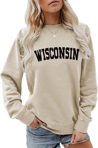 Close-up of ribbed neckline and black Wisconsin print on beige sweatshirt fabric