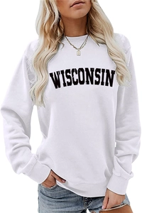 Close-up of Wisconsin lettering on white long sleeve crewneck sweatshirt with ribbed cuffs