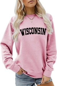 Detail of ribbed neckline and Wisconsin letter print on pink loose sweatshirt