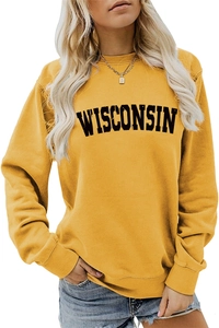 Detail of yellow Wisconsin letter print sweatshirt showing fabric texture and round neck