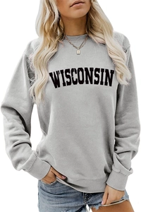 Close-up of Wisconsin block letter print on a casual grey crewneck sweatshirt
