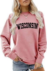 Detail of loose-fit pink sweatshirt featuring black Wisconsin varsity letter print