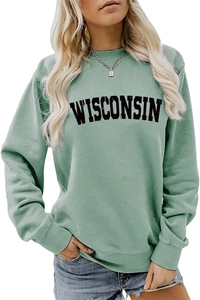 Detail of sage green Wisconsin letter print sweatshirt with ribbed crew neck and cuffs