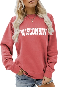 Close-up of Wisconsin varsity lettering on a brick red ribbed cotton sweatshirt