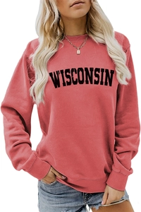 Detail of a vintage coral pink Wisconsin letter print sweatshirt with crew neck design