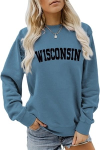 Detail showing Wisconsin letter print on blue crewneck sweatshirt with vintage style