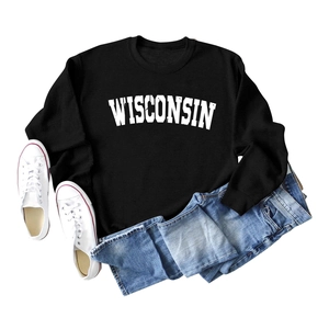 Flat lay of black Wisconsin letter print sweatshirt with jeans and white sneakers