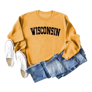 Flat lay of yellow Wisconsin letter print sweatshirt with jeans and sneakers